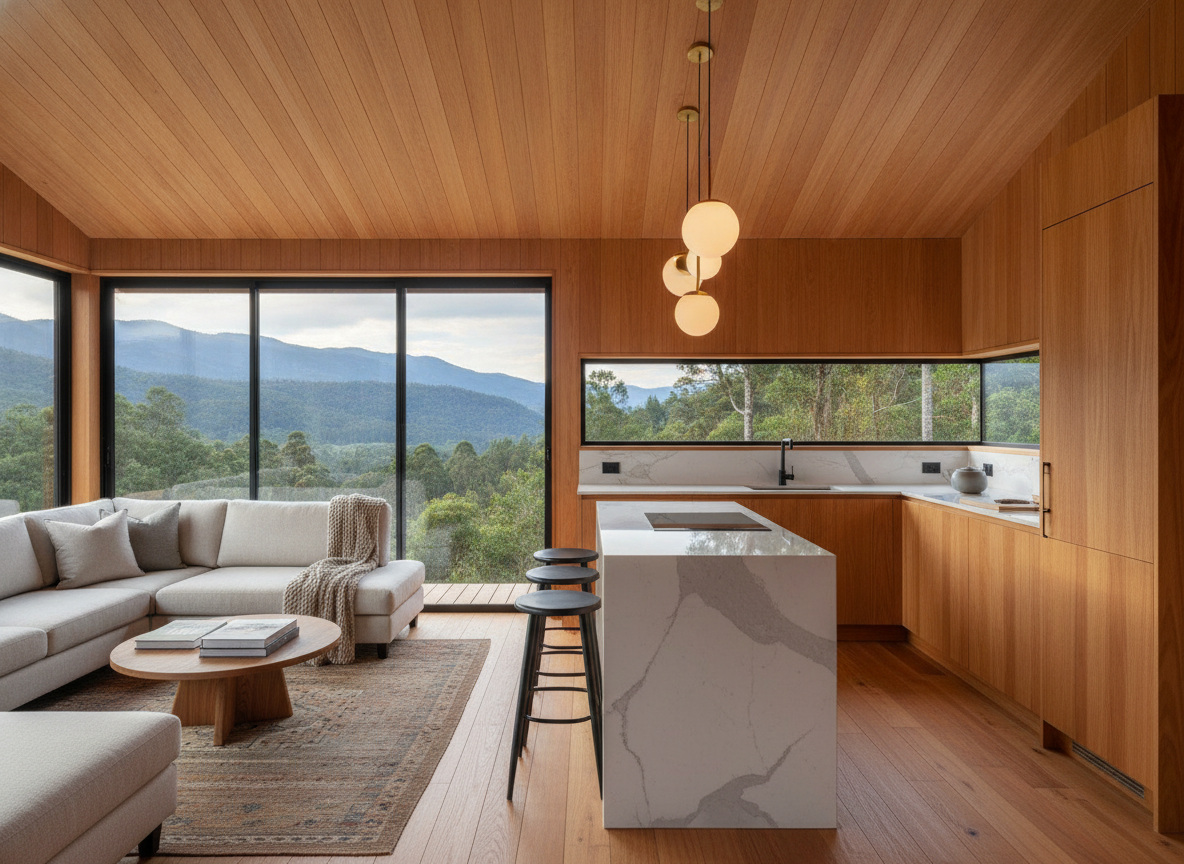 Cozinha integrada da cabana, com bancada de madeira