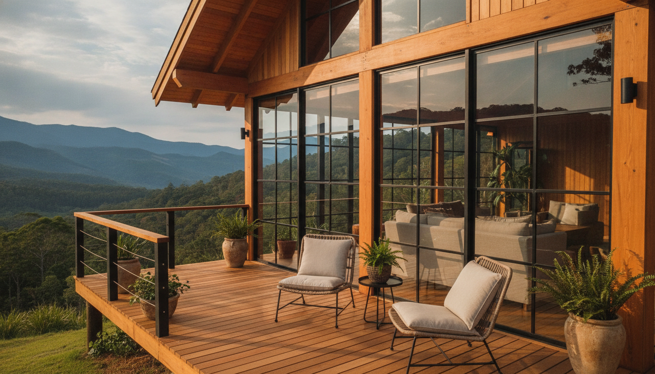 O deck da Cabana Aurora com espreguiçadeiras e vista aberta para o vale